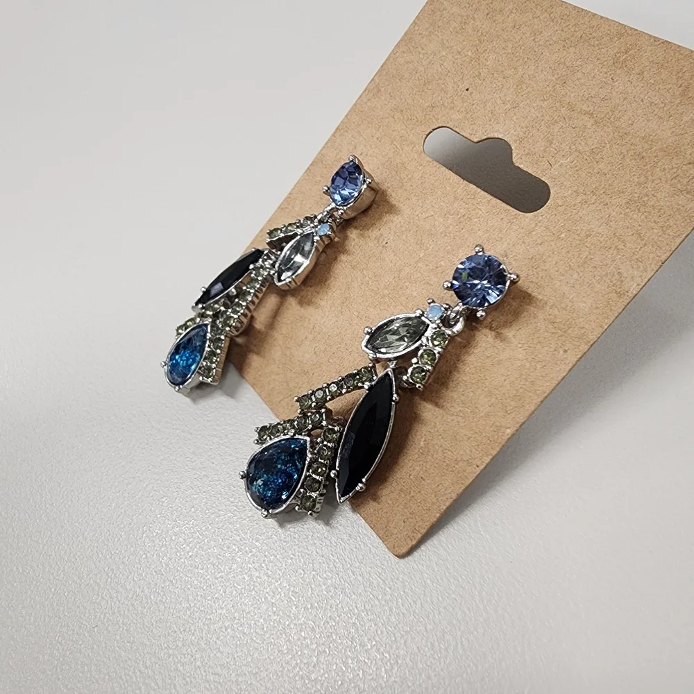Rhinestine Drop Earrings Silver-tone Statement Prom Party Classy Blue Black Gray